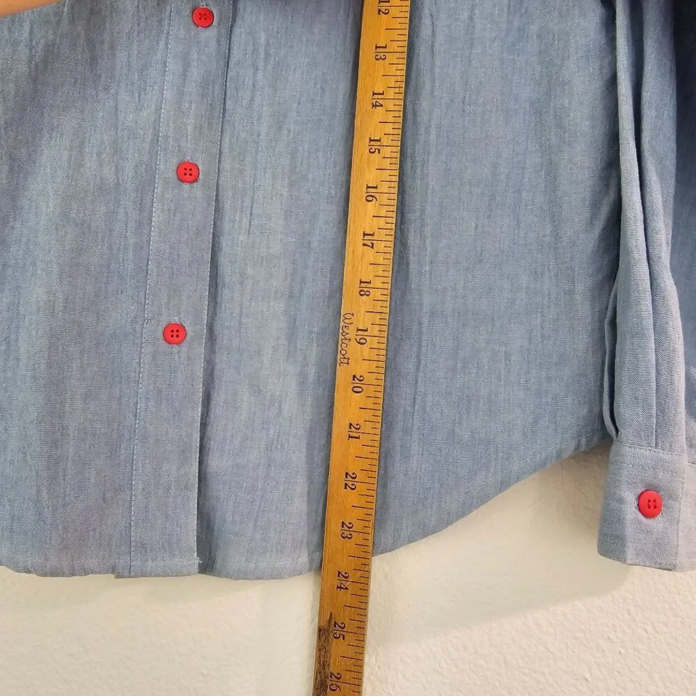 Womens Sz M/L P Blue Cotton Christmas Button Up Shirt Holidays Bells Festive - Picture 7 of 12